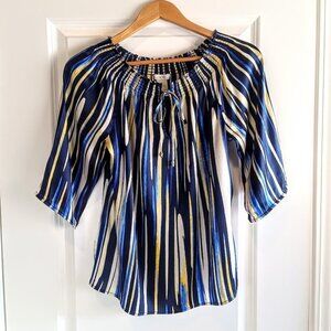 Cache Blue Yellow Abstract Print Silk Tunic Top